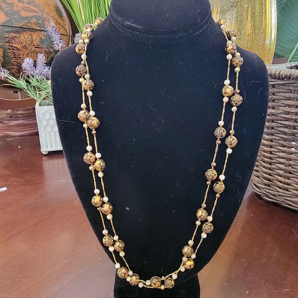 Vintage Long Necklace with Bronze Rose Beads and Faux Pearls Gold Tone Jewelry